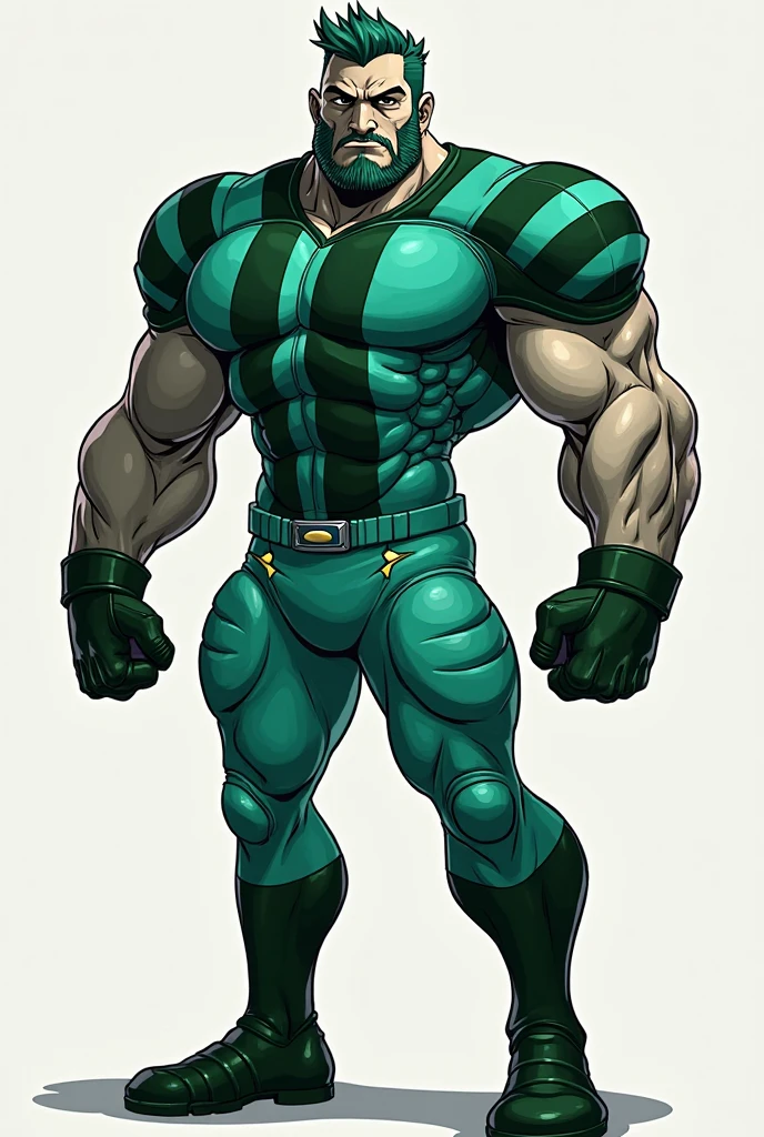Jojo-style man in green clothing with hands behind head and chest exposed, white background