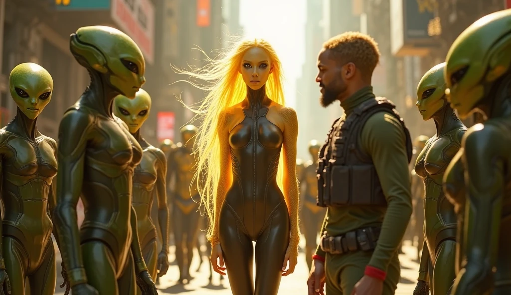araffe in a yellow bodysuit standing next to a tree, still from movie dune, still from a music video, movie still of the alien girl, film still from movie dune-2021, “ femme on a galactic shore, sci - fi film still, die antwoord music video, movie still of a alien cyborg --auto --s2