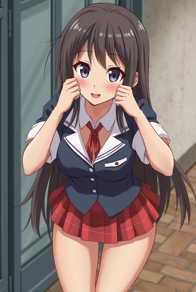 Highest quality,1 Girl,Big Breasts,??????,blush, shut up., Sweat,Marina Akizuki, Long Hair, blue eyes, Brown Hair, long hair,skirt, Knee socks, Striped, 黒のKnee socks, blue skirt, Expose your shoulders, shirt, ,((Lift skirt,Cute pussy:1.3)),garden