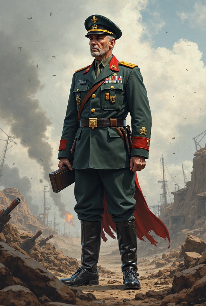 1man, yellow hair, undercut hairstyle, yellow eyes, wearing russian army commander outfit, scattered blood at battlefield, eerie vibes, looking at viewer, full body, masterpiece, best quality,
