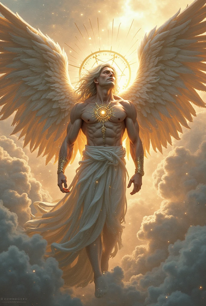 god of dreams, mythology artwork, blond with white wings, naughty man, might, grown-up, without appearing to be an angel, mightoso