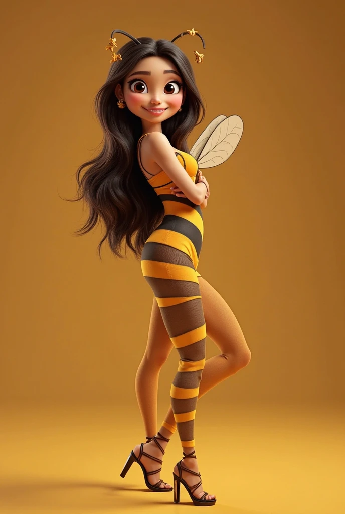 Female cartoon bee dressed like WWE wrestling manager miss Elizabeth. Long brown curly hair.
Cartoon bee face. Cartoon bee body. Cartoon bee arms. Cartoon bee hands. Cartoon bee legs.
Silver sparkly evening gown. Black opera gloves. Silver sparkly high heeled shoes