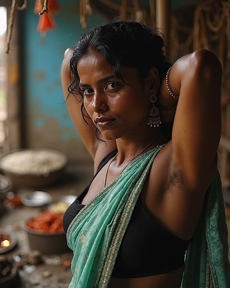 a beautiful naked Indian girl, sweaty, athletic body, and hairy armpits, being carried by two men