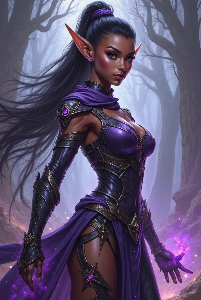 (Concept Art) of an (African-American) female, with long dark (black braids), purple eyes, dark (brown skin), (pointed ears), (slutty assassin), (sexy) black attire, (lust) demon, (Sci-fi) fantasy, (medium shot), perfect composition, 4K, high quality, (perfect eyes), trending art, sharp focus, studio photo, (Pin-up) pose