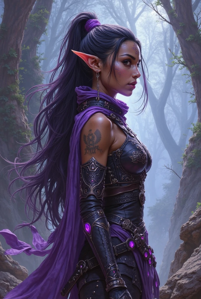 mythp0rt, ArsMJStyle, dnddarkestfantasy, fantasy oil painting of a beautiful elf woman with antennae coming out of her head, long dark hair, skimpy armor, primitive styling, riding a giant lizard-like alien beast, saddle, dinosaur-like, in a lush alien jungle, alien flora, alien fauna, highly detailed, masterpiece, vivid color
