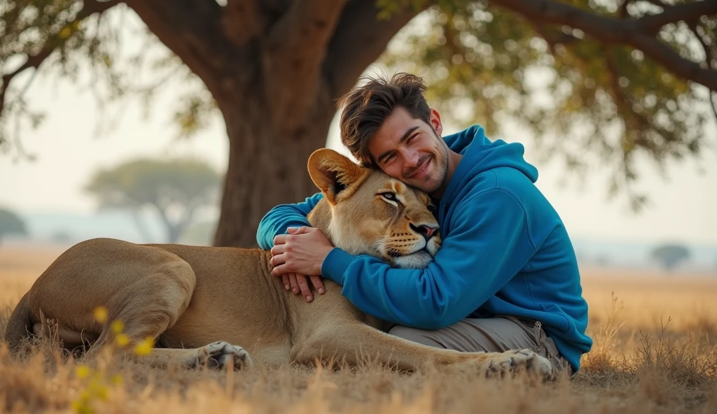 A boy tenderly holds a baby lion, bathed in the warm sunlight, the sand in the background revealing multiple lightfields, as if the scene is a timeless repeating moment. realistic.