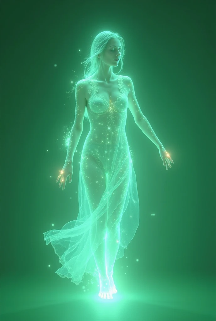 busty twenty-five year old woman, pale skin, long wavy hair, curvy, natural breasts, nude, hrglw hair glow neon, ((full body shot 1.1)), (head to toe 1.1), entire body visible, standing, feet visible, black background, glow hair
