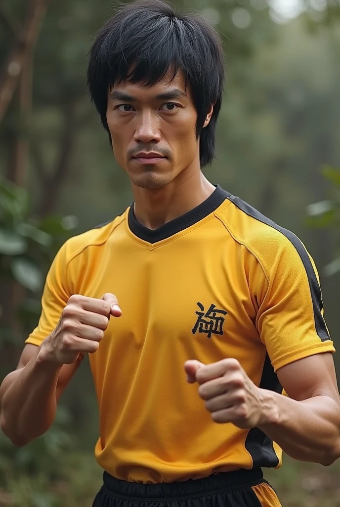 Photo. young Indonesian man wearing yellow Bruce Lee clothes. styled like Bruce Lee holding two long eggplants in his hands at the Great Wall of China. best quality. very detailed
