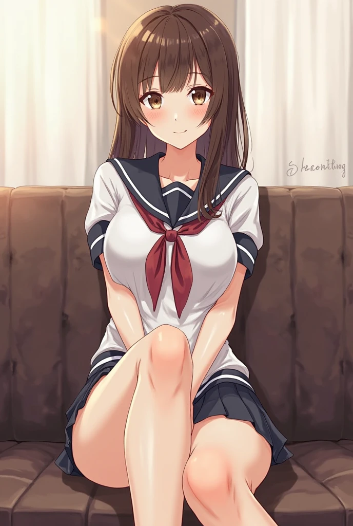 (8k, Super RAW photo, best quality, masterpiece, soft cinematic lighting, soft color:1.4),(from above:1.6),( POV,looking at viewer:1.7),(detaileds beautiful eyes focus,Close-up beautiful eyes:1.6),(realistic), (dark room,Lots of used condoms around :1.7), (solo, mature woman,19years old,super beautiful face,super detaild beautiful eyes :1.5), {sailor uniform:1.1),(show off nipple:0.5),low-cut miniskirt,sheer :1.3}, (embarrassed,red Cheeks:1.25), clean skin, (smaller butt:0.5),(coverd nipple:0.8),(sagging huge long wide heavy breasts:1.5),(under boob:1.8), (thick, curvy:1.35),(1boy,sex,open leg:1.5),(open mouth:1.2),(arms behind back:0.8),(sitting,on side:1.7),