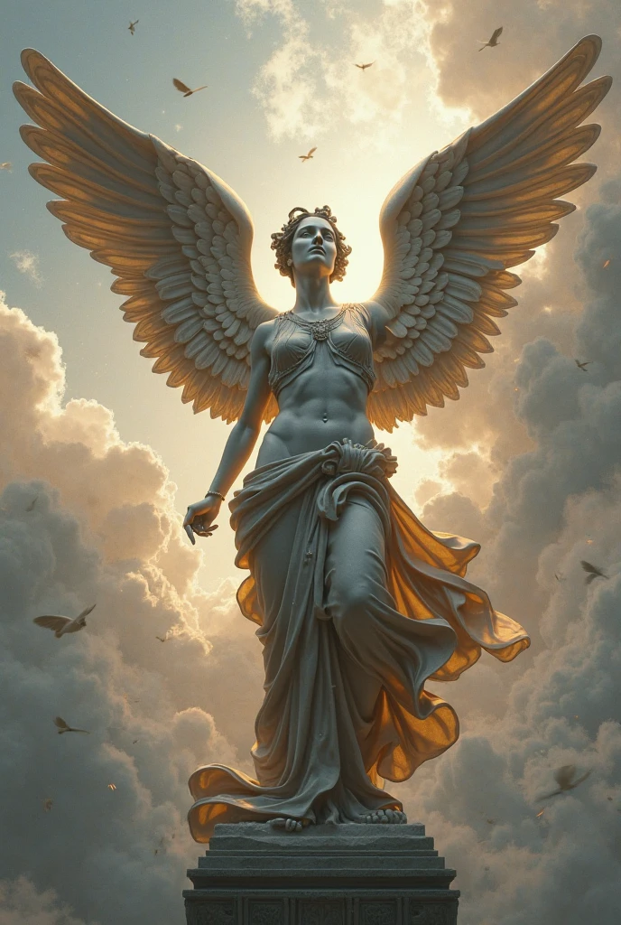 Cinematic 8K hyper-realistic, angel  marble statue, clouds background, Greek mythology, colossal, illuminated by a soft  light, ultra detailed, is characterized by its extraordinary physical attributes and awe-inspiring presence.