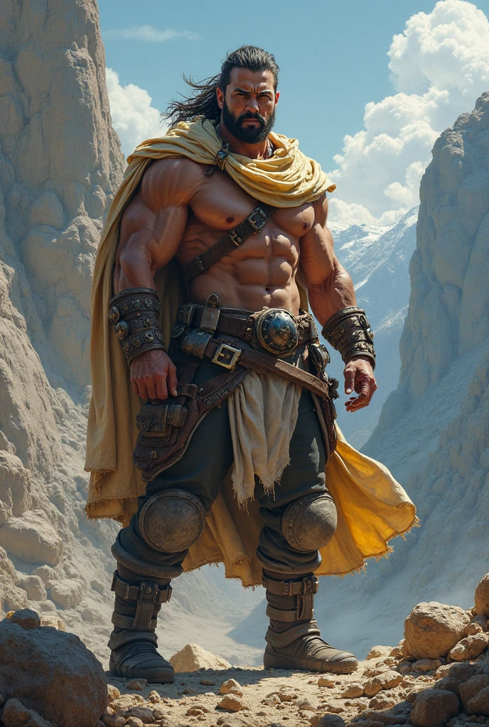 Full body of a muscular and tattooed American Indian man, with a black hood and a large black cape covering his back. He wears a metallic owl mask on his face, has no shirt and wears a loincloth, loose black pants, native boots and large metal bracelets on both wrists. He is standing tall, from behind,, erect, in the Arizona desert, looking up at the sky. Frazetta art style.