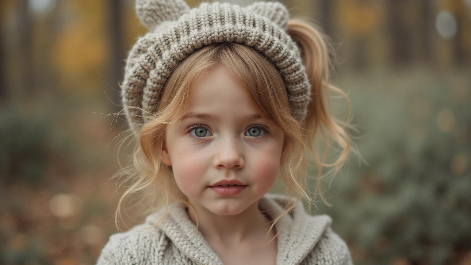 CHILD girl with long RED hair wearing a RED sweater and muffling black ears.