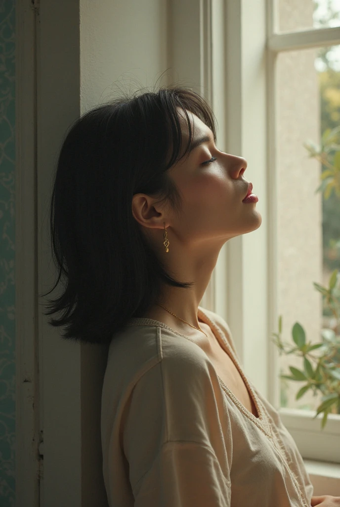 (RAW photo, highest quality), (realistic, Photoreal:1.3), Japanese women, bob cut,earrings,Frustrated young wife,White long sleeve T-shirt, Black Mini Skirt, realisticbody, ((25 year old Japanese woman)), ((Eyes closed)) , Masturbating while fully clothed, ((Right hand caressing left breast)), The left hand is placed on the crotch through the clothes, Inside the house, On the sofa