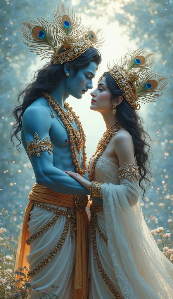 Radha Krishna together wearing blue mesmerizing outfit under crescent moon Radha hair cascading over her back Shri Krishna holding flute ha peacock feather crown having dimond Shri Krishna having lean muscular body and both having doe korean eye don't make them wear gold jewellery instead minimal pearl accessories and
