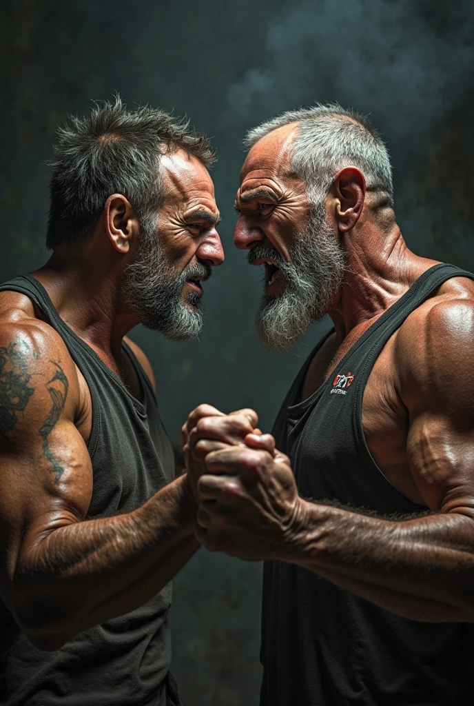 Hyperrealistic image of an alien warrior hugging a very old, A super hero sweating profusely with a very long, gray hair. A very muscular 80-year-old bodybuilder and a 20-year-old fat guy who weighs over 200 kilos with a large bare torso.. sagging breasts. huge tattoos. large brown nipples.A large gray mustache Dressed in silver leggings inside an alien space station  