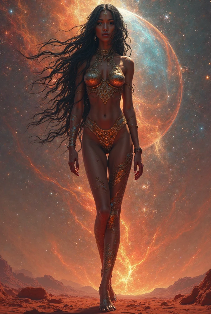 (A captivating cinematic ornamented female sand goddess, clad in a golden dress that shimmers and glows, intricate golden tattoo running down her spine, adding to her ethereal allure), (Galactic Shaman, bathed in the soft glow of a quantum energy fantasy landscape, long, wavy locks flowing behind, sharp focus on the intricately detailed, ethereal features, illuminated by the otherworldly light of the night scene), (fantasy magic, Intricate hair, dark, lightly shaded night landscape, sharply focused on