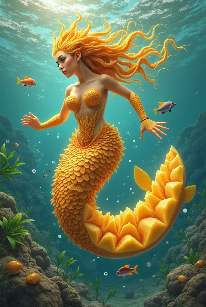 ((Ultra detailed beautiful furry fish golden veil tail with a perfect figure beautiful breasts and hips, ultra detailed scales, she swims in the turquoise sea, Ultra Detailed Water, Beautiful coral reefs)), ((in detail down to the smallest detail, Best quality))