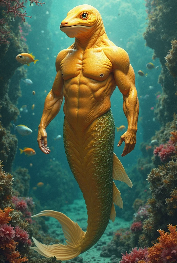 A young, beautiful, pretty, handsome, giant and muscular korean merman, No beard, realistic, masterpiece, high-quality, in the ocean, with some bubbles, a teenager, a student, black hair, gold eyes, big muscular chests, big muscular arms, a black fin, rare gold scales