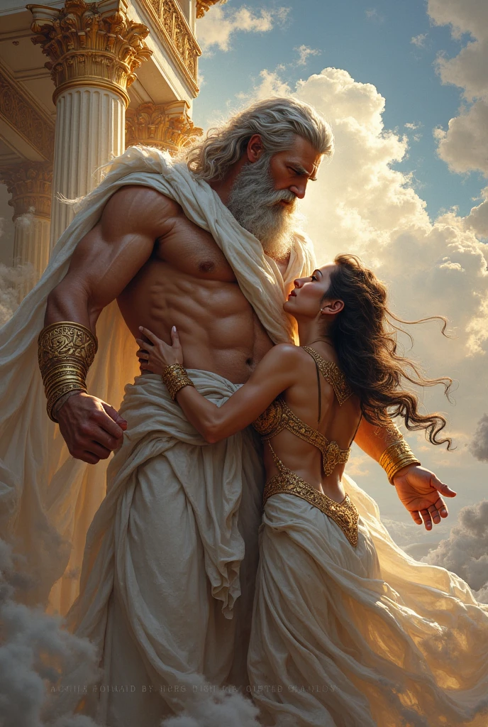 1 girl 1 boy, naked couple, in heaven, clouds, a curvy hourglass figure woman with wide hips and thick thighs, 1 girl, a 70 year old muscular zeus with thick long white hair and white beard and thick long erect penis, passionate embrace, (best quality,8k,highres,masterpiece:1.2),ultra-detailed,realistic,photo-realistic:1.37,dramatic lighting,volumetric lighting,cinematic lighting,chiaroscuro lighting,ultra high quality,extremely detailed,exquisite details,intricate details,highly detailed,hyper detailed,extremely realistic,photorealistic,photo realistic,art by greg rutkowski and alphonse mucha and artgerm,dramatic pose,dramatic atmosphere,dramatic lighting,dramatic colors,dramatic contrast,dramatic shadows,dramatic highlights,dramatic lighting and colors,dramatic cinematic lighting,dramatic cinematic colors,dramatic cinematic atmosphere,dramatic cinematic pose,dramatic cinematic composition
