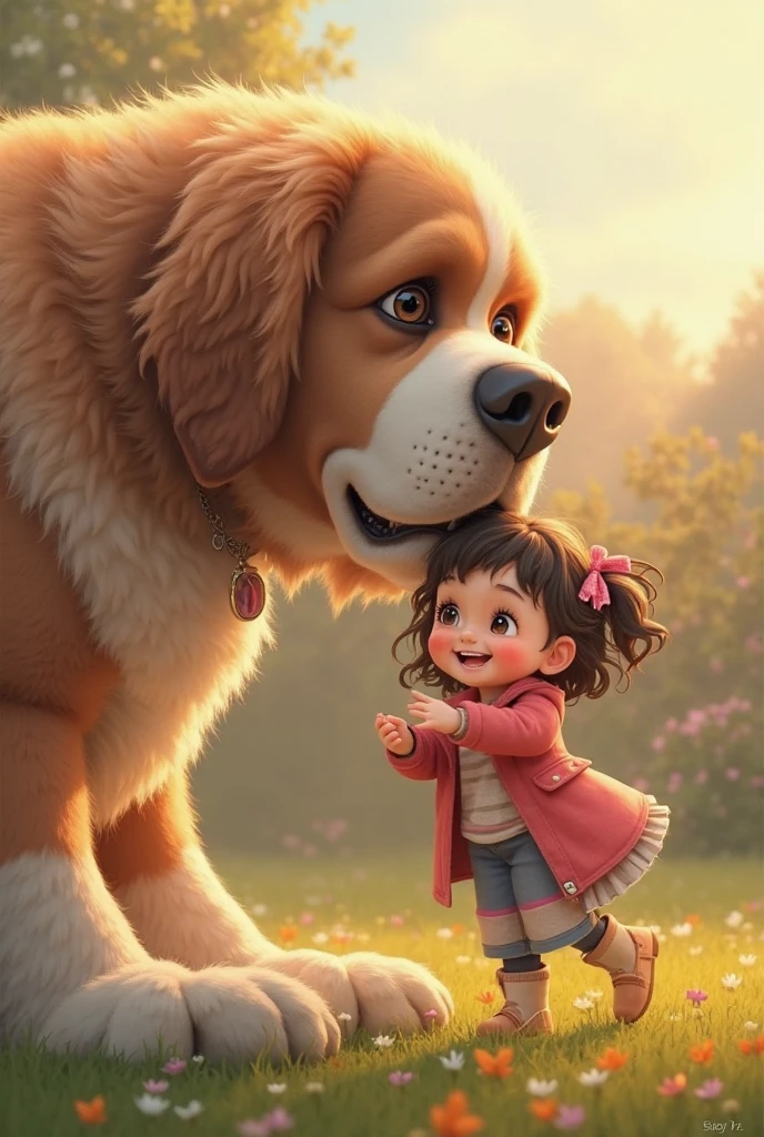 A big dog licking the inside of a little girls mouth