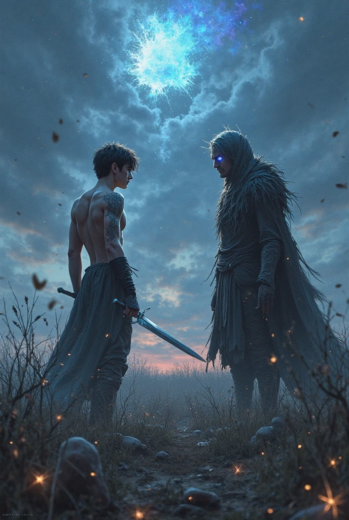 two mens, an 18 year old young man, short red hair and modern clothes, thin body and red hair, and a man with long white hair and a youthful appearance similar to Henry Cavill, with animal leather pants, bare chest and holding a sword, much taller and stronger than the red-haired man, muscular man facing an evil-looking red-haired woman in the enchanted forest
