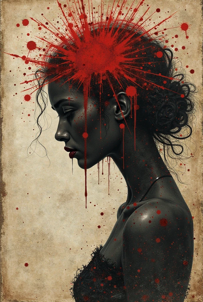 colored pencil drawing (dark skin African woman) with Afro hugging a broken red heart, (black paint dripping from the top of the fractured heart), painterly, matte paint, universe in backdrop, eyes closed, (tears streaming down face)