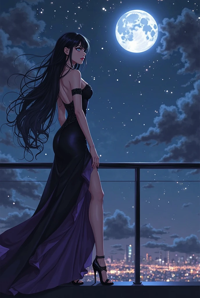 Tomie, the mesmerizing and enigmatic beauty, stands poised at the edge of a moonlit terrace, her impossibly long, swirling hair a manifestation of Junji Ito's signature blend of eerie fascination and captivating horror. Her full, statuesque figure is draped in a flowing, diaphanous gown that clings to her curves, accentuating her physique, while her stiletto heels appear to hover above the ground, defying the laws of gravity. The night sky above is a swirling vortex of deep, rich purples and indigos, with a gleaming, silvery moon casting an otherworldly glow that illuminates Tomie's porcelain skin, making her seem like a creature from a dark, fantastical realm.