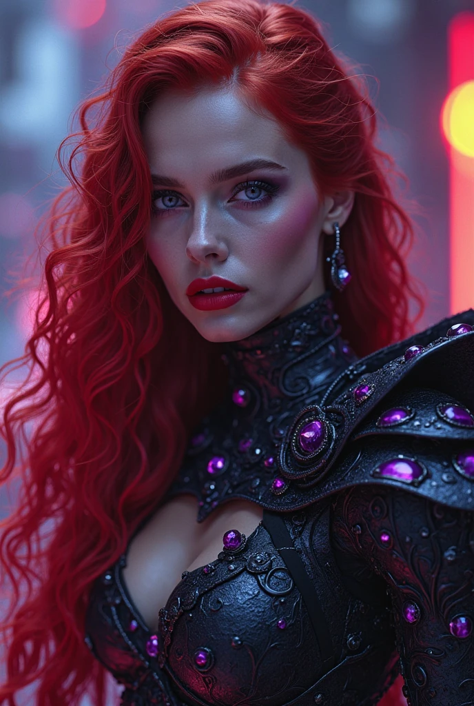 Powerful super villainess posing for a close up, enchantress in silky black dress (bare shoulders), long flowing red hair, facing viewer, looking at viewer, highly detailed face, perfect hands, dark fantasy, loves being evil, smiling, mesmerizing blue eyes, real, symmetrical, high detail, best quality, astral body, chaos atmosphere, 1female, bioluminescent magic elements, clothes, 8k magic