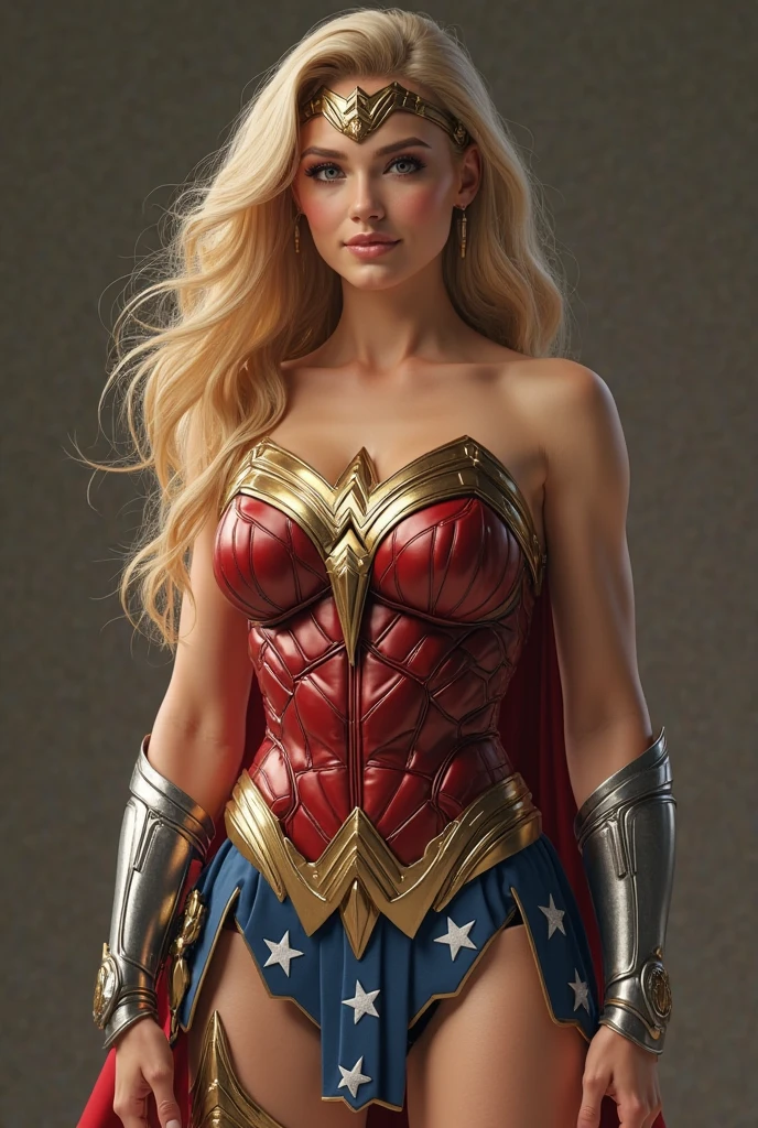 a close up of a woman in a costume, wonder woman, superhero body, female superhero proportions, full body render, dressed as wonder woman, portrait of wonder woman, modeled in poser, super heroine costume, photorealistic perfect body, bodybuilder superhero bikini, heroic proportions figure, full body shot hyperdetailed, (Masterpiece, Top Quality),1girl ,{{Depth of field}}, Hyper detail, 1woman, (lean, fit Wonder Woman), Single, Full Body, (Intricate Details, Makeup), (Delicate and beautiful delicate face, delicate and beautiful delicate blue eyes, face with perfect proportions), High-detail skin, delicate skin, Best proportions Four fingers and one thumb, strong and realistic light blue eyes, realistic platinum blonde hair, lips, makeup, natural skin texture, tiara, leotard, bulletproof bracelets, red boots, (public clothing:1.3), lightly tanned skin, mature, sexy, elastic muscles, (muscles:1.3), ((strong and healthy body)), (((more) muscles))), wet body, wet hair, wet face, long legs, curved, thin thighs, wide buttocks, thin legs, (big breasts: 1.2), thin waist, soft waist, (delicate skin), (wet body: 1.0), (beautiful and sexy woman), (swollen lips: 0.9), (eyelashes: 1.2), very delicate muscle definition, bare handed, hold nothing on hand, LED panel lights arranged in a square shape to mimic existing interior fixtures, hands on hips, 4k hyperrealistic, black background