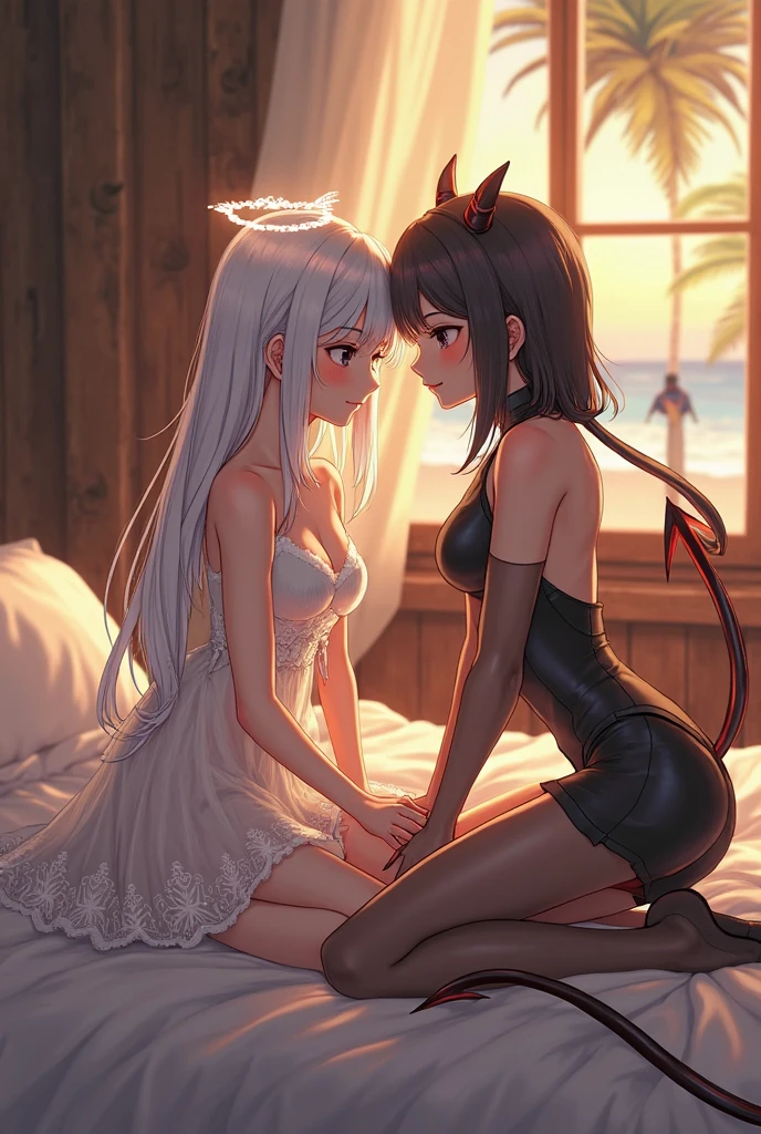 masterpiece,best quality,ultra-detailed,realistic,extremely detailed CG unity 8K wallpaper,left_right,full body,fantacy,white background,From the side Side,2 girls,angel and demon,The angel sat on the bed shy and terrified,The demon approaches the angel,And looked straight at her,(white hair,white dress,White angel wings:1.2),(black hair,black dress,Black demon wings:1.2)