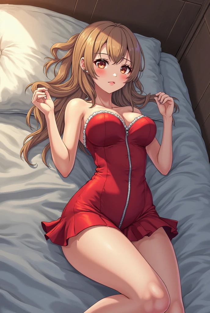(top-quality: 1.3), (​masterpiece: 1.3), (The ultra-detailliert: 1.3)、(Detailed hands and fingers:1.2)、((Woman in red bunny girl leotard、Woman in brown pantyhose、Woman wearing a red rabbit headband))、(Love hotel rooms:1.3)、Women with blonde hair、ssmile、(Beauty busty woman:1.4)、Medium Hair Women、((Woman with uncropped hair))、((Woman lying on bed with her head on a fluffy pillow、Woman sleeping on her back))、Woman with open legs
