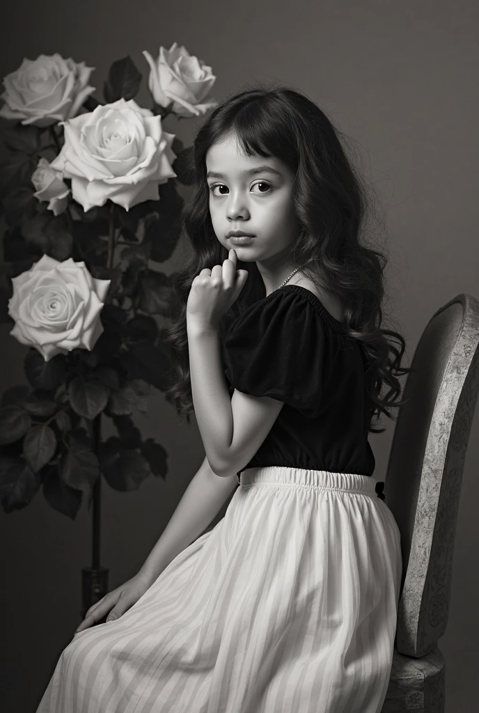 Photo of a 6-year-old brunette girl standing, short black colored hair, dark brown eyes, red dress with white polka dots, thin eyeshadows, diamond face shape, hand colored photo, old photo taken in 1996, the girl is near the camera and in the background a beautiful park with trees and apple trees and beautiful flowers.