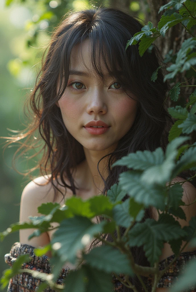 full body, portrait of beautiful women, looking over spruce forest, moody portrait, striking features, beauty, intricate details, dramatic composition, tension, wispy hair, contrast, texture, realism, high-quality rendering, stunning art, high quality, film grain, Fujifilm XT3, acne, blemishes, detailed skin, freckled