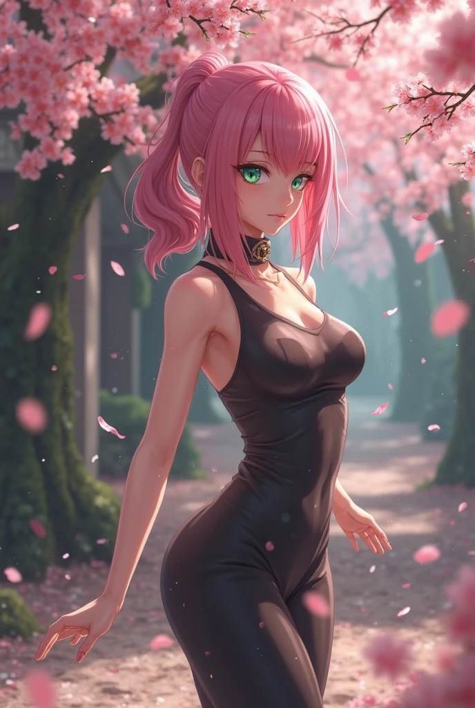 Woman, 30 years, pink skirt and black crop top, Surrealism, cinematic lighting, god rays, bokeh, UHD, masterpiece, super detail, high quality, from side, flowers