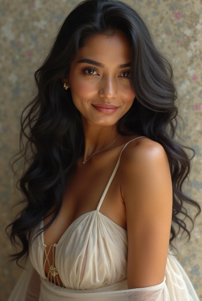Woman with wavy black hair, gray eyes, cinnamon skin, dimples on the cheeks, and a mole on the top of the lip, medium bust