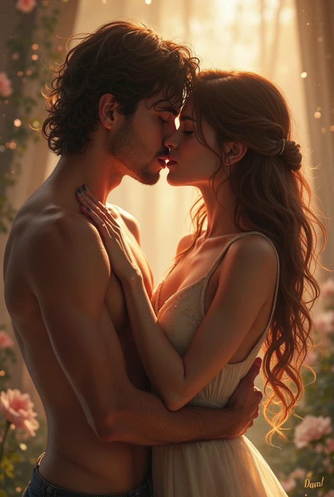 Make me a picture of a pretty girl and a handsome  kissing
