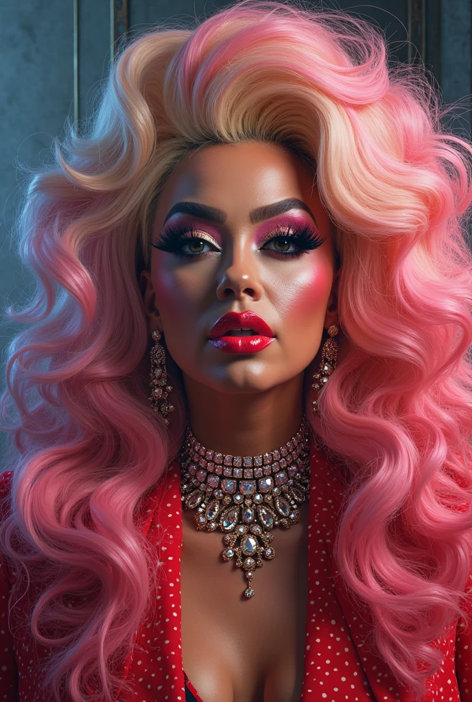 lady gaga scarlet with, 4k texture, long hair, high quality, extravagant hairstyle, original album cover, 8k image, futuristic, high image quality, at night, hair accessories, very realistic and defined face