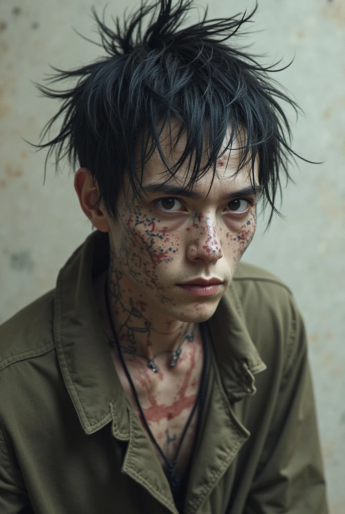 masterpiece, Highest quality, Realistic, Cinematic, Detailed face, 8k, Ultra-high resolution, シャープなフォーカスmovieのような写真 , Highest quality, Super detailed, 8k, mysterious, Messy green hair, 35mm photo, movie, Bokeh, Professional, 4K, Very detailed、male、Topless,Very ugly、Dirty skin,movieのような雰囲気、Big black pants,The green hair is messy,、Has two sickles、Very dirty、The background is an abandoned old Japanese town.、Japanese、Surprisingly skinny,There are many warts on the face、Skin and bones,Big black pants,There are many warts on the face、Morbid thinness、Has two sickles、Very scary、不気味なmale、The eyes are small and droopy,The nose is very low and flat,Shark-like teeth,Pure white, bloodless skin,