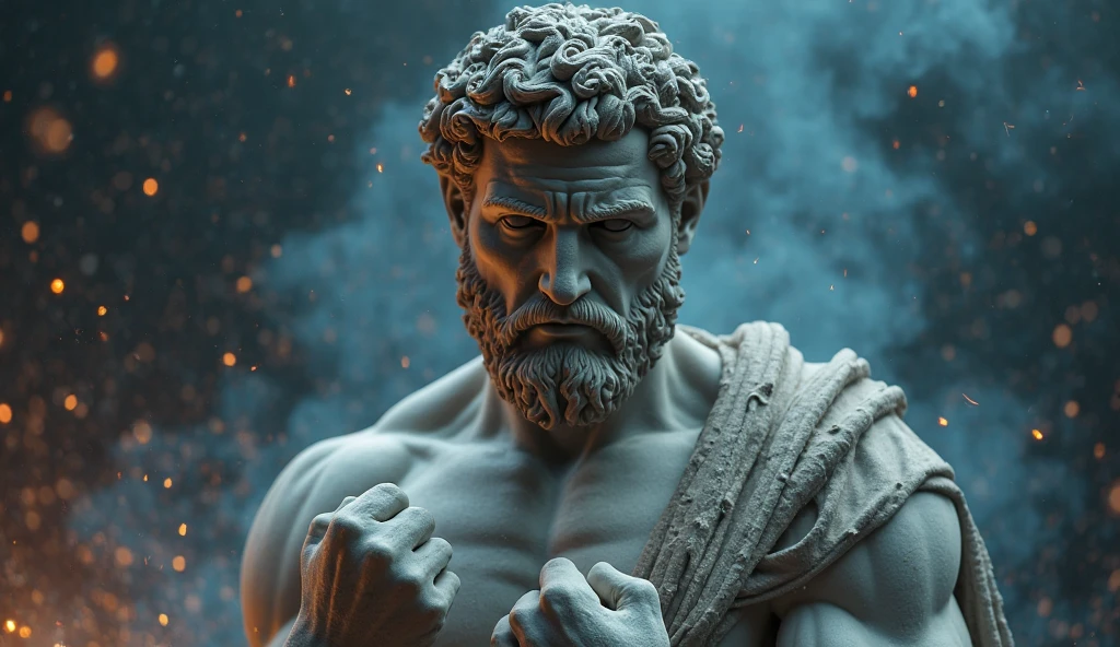 a realistic greek white marble statue, stoic, brawny, brave and scary, detailed wearing a ghostly toga, darkness background , temperamental, , photorrealistic, Horror Movie Dinner, super detailed, hyper realist, darkness background,, serious face, powerful background, dark surroundings, inteligente
close up face, dealing with anger, face close, face close, close up face, face close