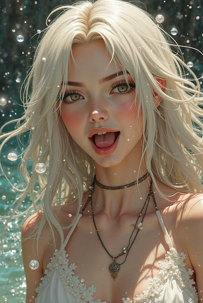 A young teen with long blonde hair spits