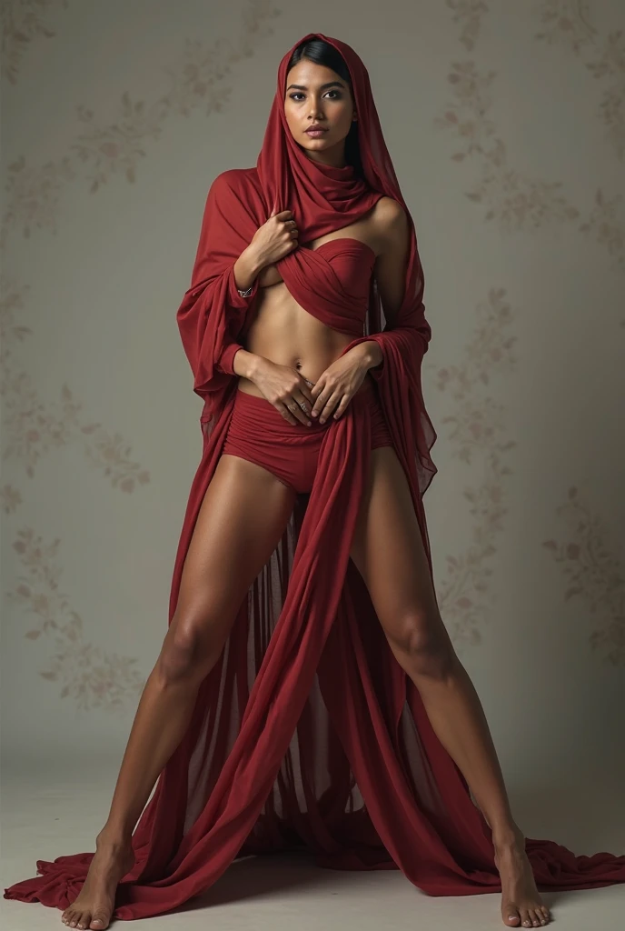 a sexy a woman covered in large red satin cloth, tied tightly with the satin cloth, mummified with satin cloth, the satin hanging down very long, a mermaid style dress, very long satin cloth, wearing a satin hijab, the satin cloth is very long, forming the curve of the body, wide and dramatic satin fabric tail , full body pose, see camera, masterpice, 4k resolution, ultra-realistic, highly detail.