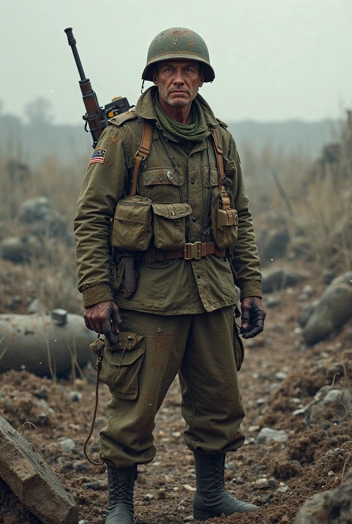 Soldado Arafed com uma metralhadora e um fuzil em um campo, Estilo militar da Segunda Guerra Mundial, foto colorida premiada, colorido, ww2 historical photography, ww 2 historical photography, portando um fuzil, colorido, Foto ww2, Wwii, Equipamento camuflado, foto colorida, ww2 era, uma foto colorida, post war style