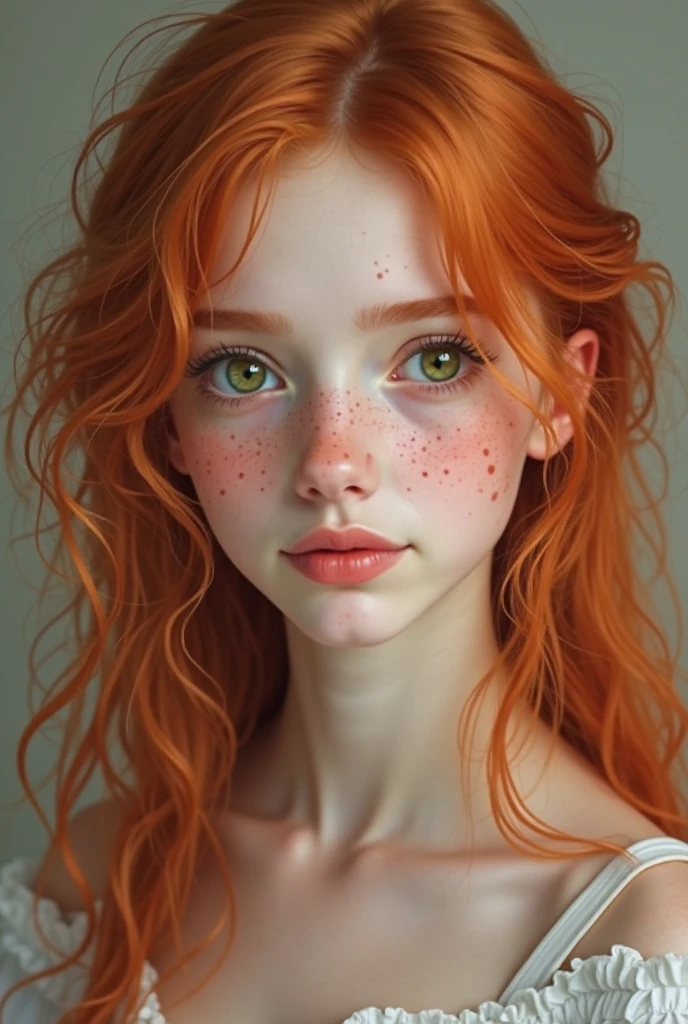 woman with red, curly hair, white skin with freckles, green eyes