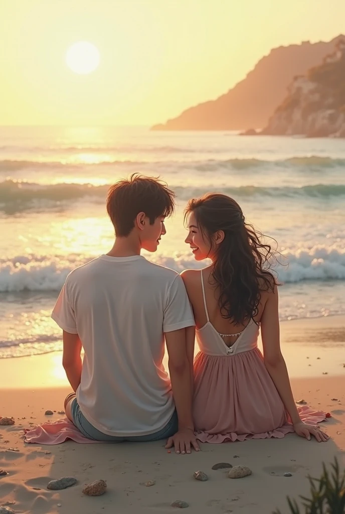 Woman and man sitting on the beach and chatting，Facing the sunset and the gentle sea breeze, sitting under the coconut trees and chatting happily，The picture is warm，Yangguan should not be too strong and the feeling of sunset。