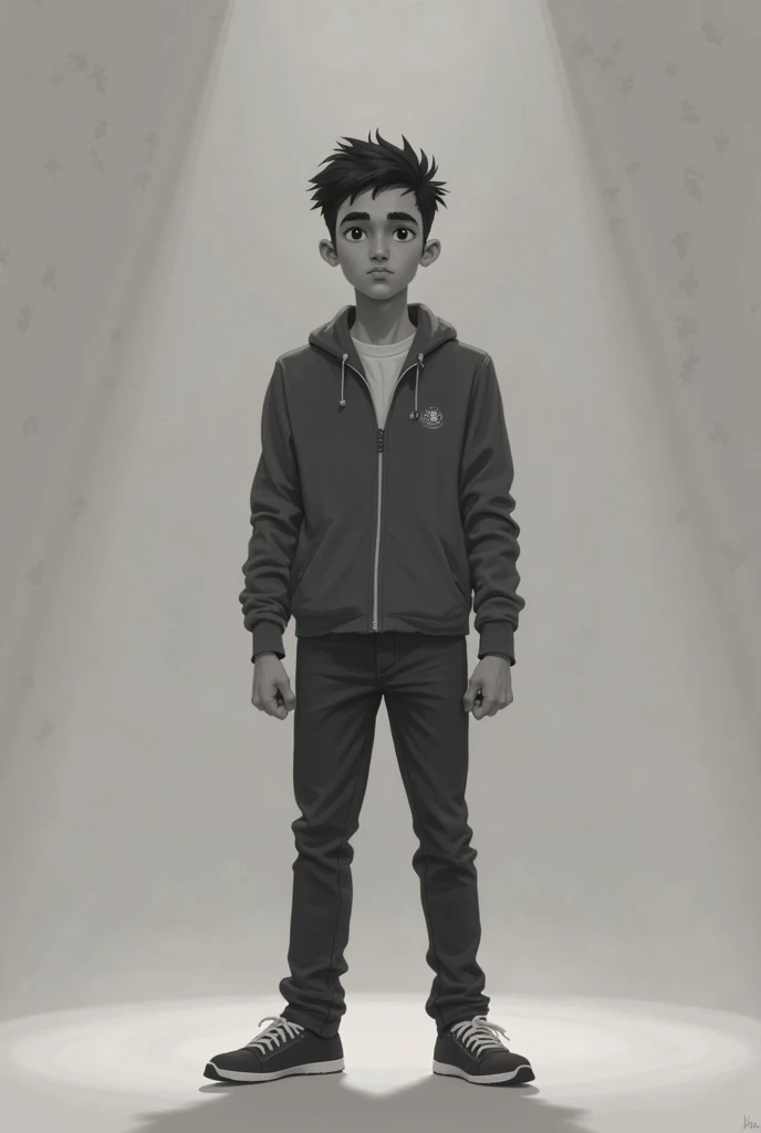 A boy with short curly hair 1,73 altar white Nike clothes dark road background style drawing evil face 