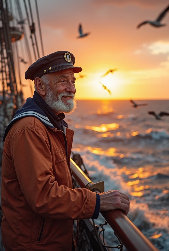 Um homem de 50 anos, big gray beard, German sailor dressed in white, White beret on head, with a pipe in his mouth, strong bodie, laughing, on a ship at sea, twilight