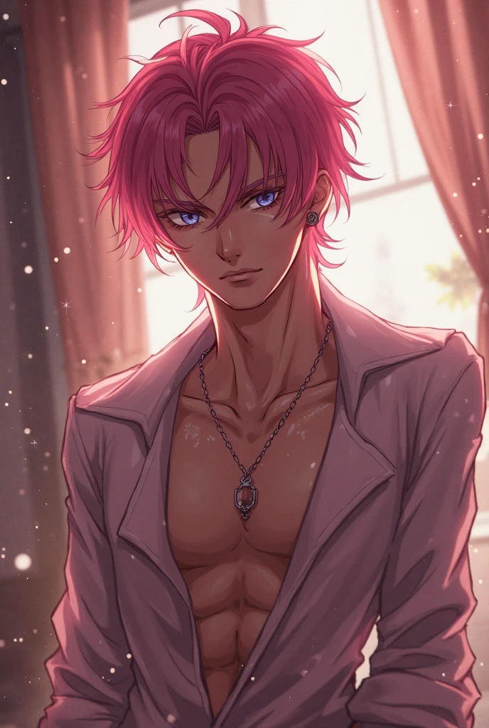 
A young man with pink eyes short wavy black hair with hot pink tips and wears a tank top and has a scarf he is not so muscular and he wears a normal black tank top 