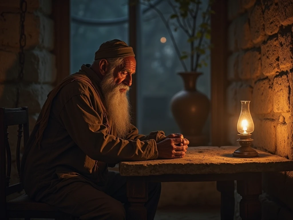 michel nostradamus thinking about a table from his time with a candle and a cat on the table