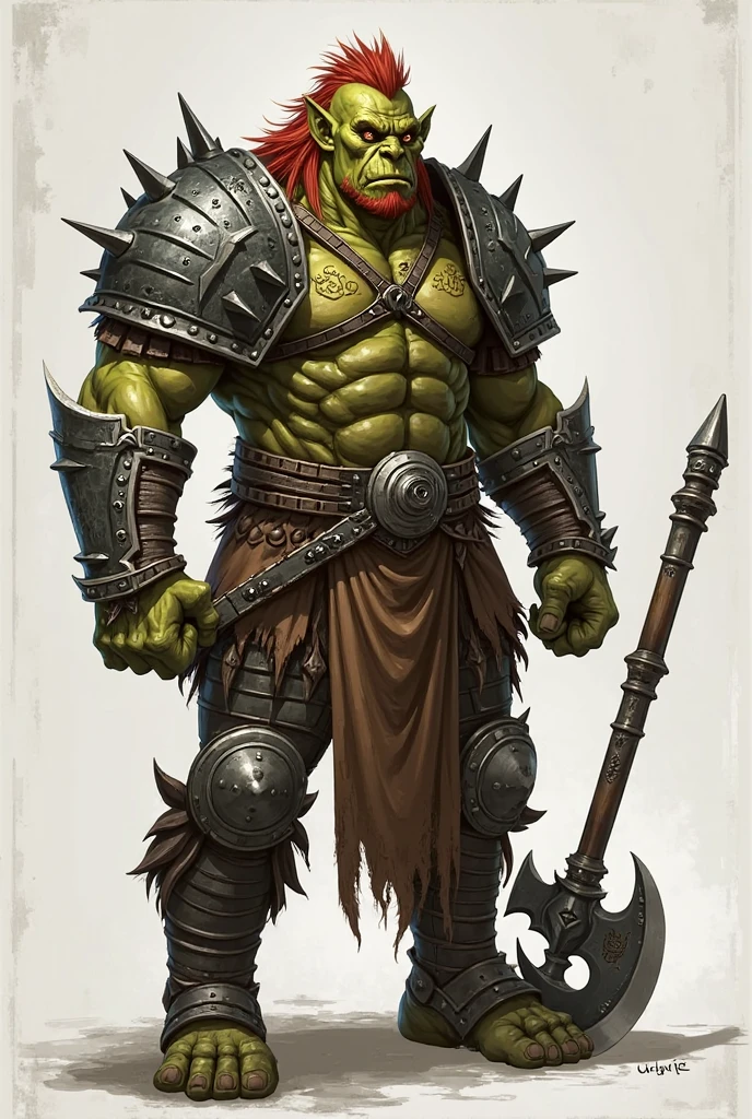 I want a half-orc, a draw, athletic body, with a big axe on his back, and two hatchets at his waist.
