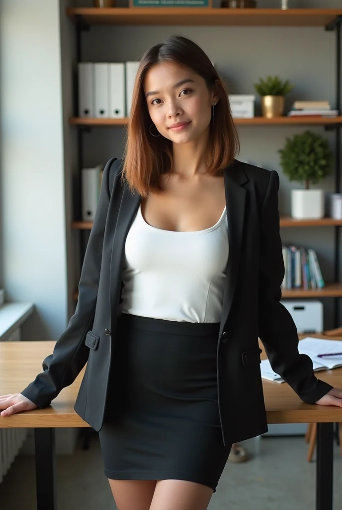 A 35 years old beautiful indonesian woman, natural very big breasts, chubby body, bob cut hair style, wear sheer white shirt with opened button, black mini skirt, sexy sensual and seductive expression and pose, holding some document, in the office, realistic photography, natural light, look at the viewer,